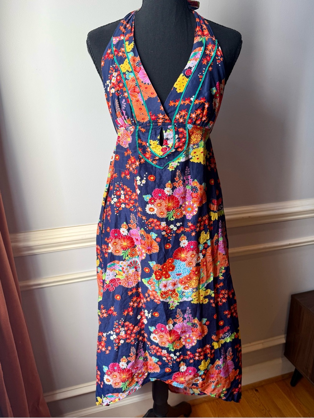 Nanette Lepore Swim Silk Blend Floral High Low Halter Maxi Dress Open Back Small